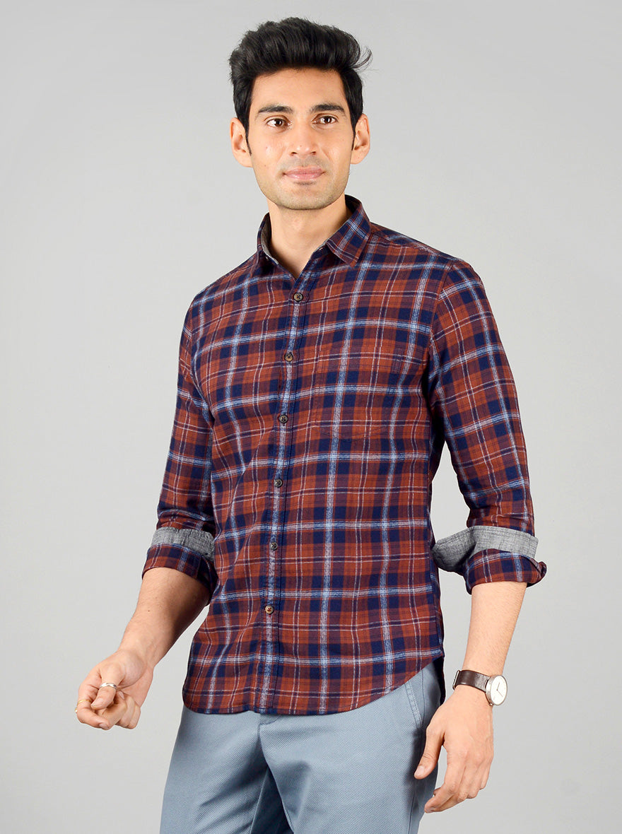 Brown & Blue Checked Slim Fit Casual Shirt | Greenfibre