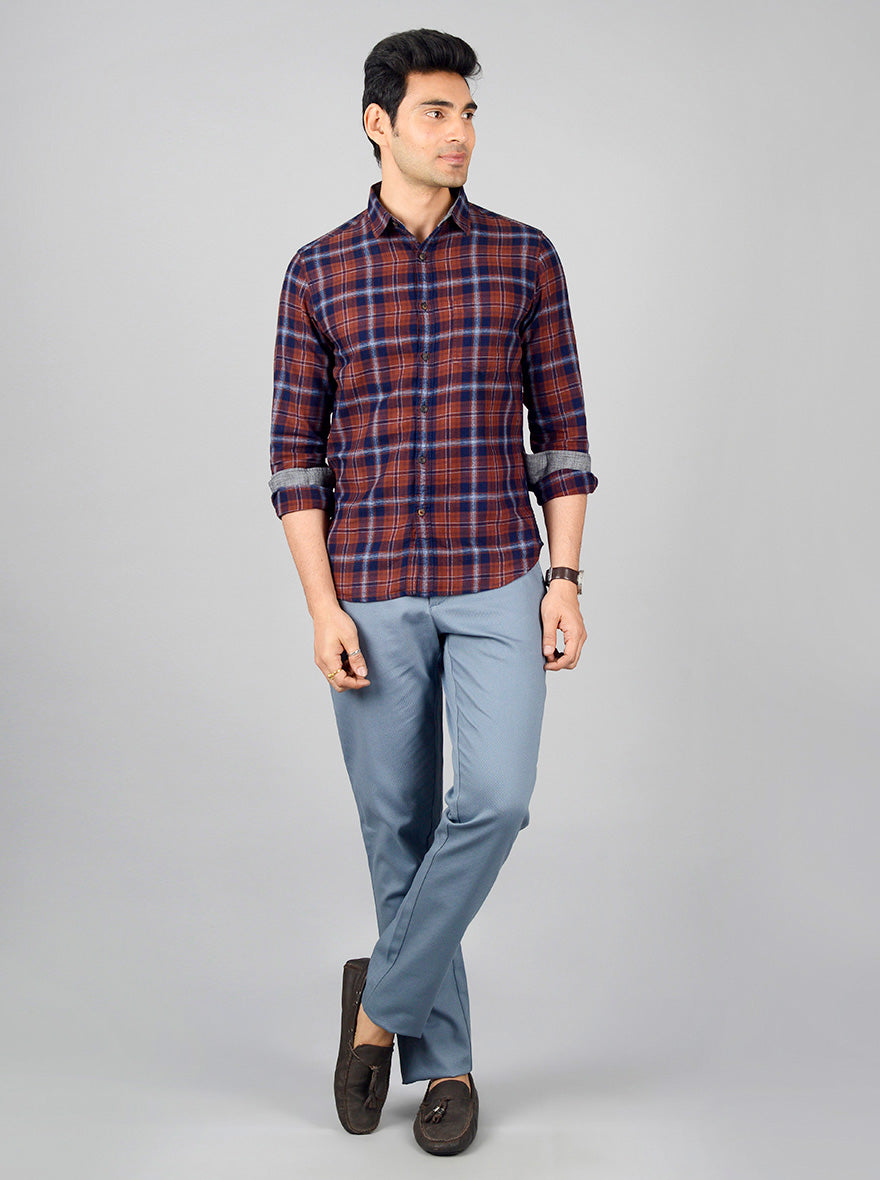 Brown & Blue Checked Slim Fit Casual Shirt | Greenfibre