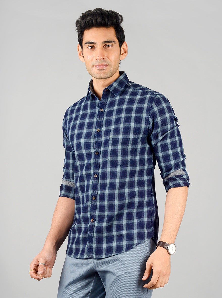 Oil Blue Checked Slim Fit Casual Shirt | Greenfibre