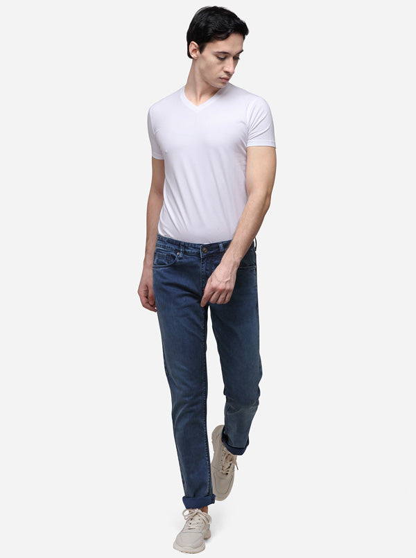 Teal Blue Narrow Fit Solid Jeans | Greenfibre