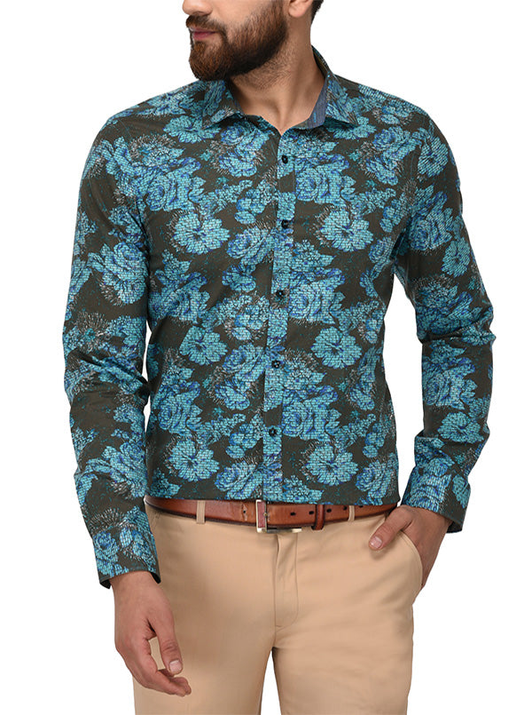 Wyre Blue Printed Slim Fit Party Wear Shirt