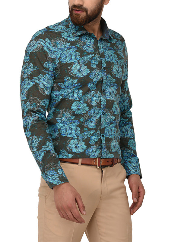 Wyre Blue Printed Slim Fit Party Wear Shirt