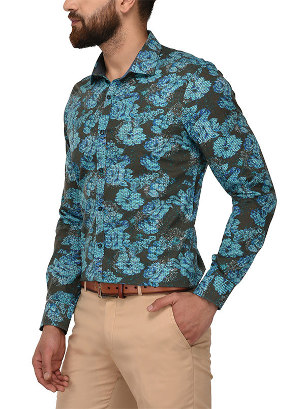 Wyre Blue Printed Slim Fit Party Wear Shirt