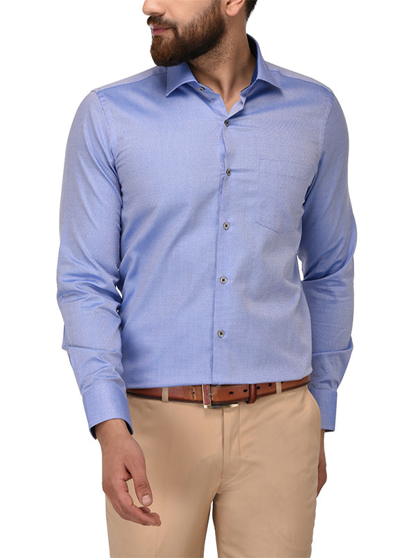 Metal Blue Self Textured Slim Fit Evening Wear Shirt