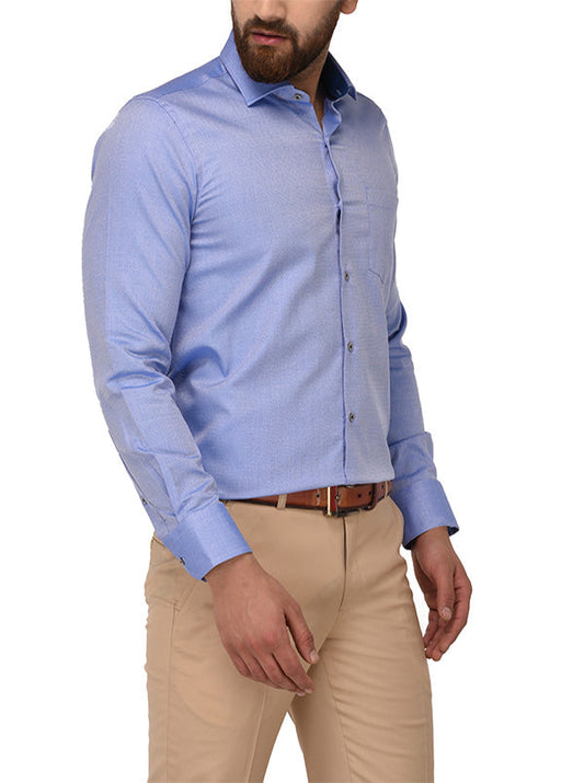 Metal Blue Self Textured Slim Fit Evening Wear Shirt