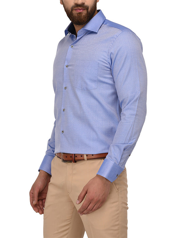 Metal Blue Self Textured Slim Fit Evening Wear Shirt