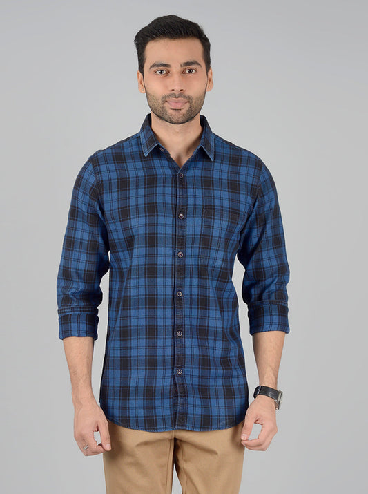 Navy Blue Checked Slim Fit Casual Shirt | JB Sport