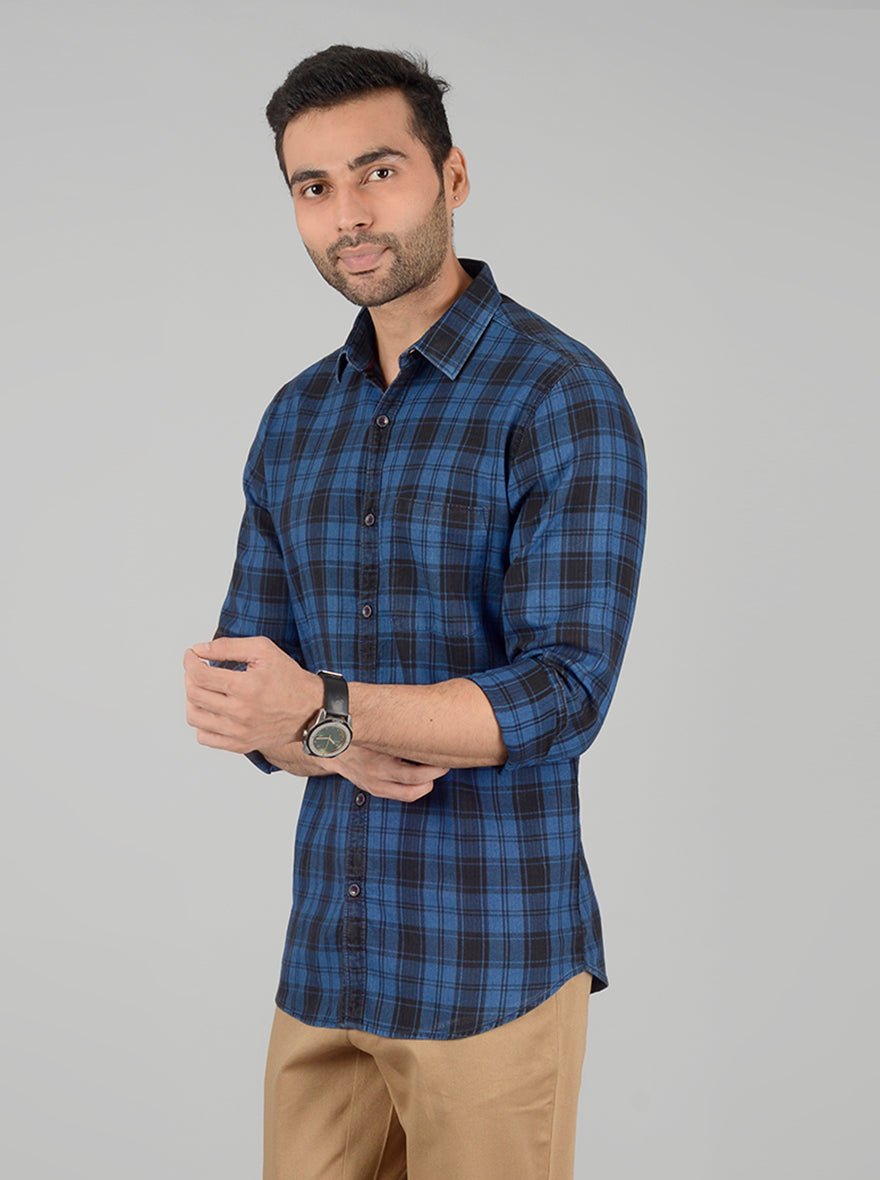 Navy Blue Checked Slim Fit Casual Shirt | JB Sport
