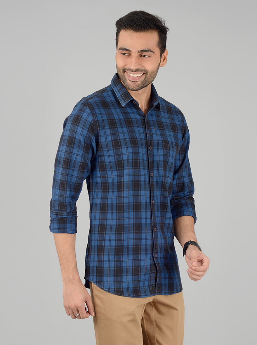 Navy Blue Checked Slim Fit Casual Shirt | JB Sport