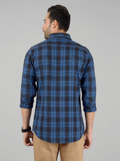 Navy Blue Checked Slim Fit Casual Shirt | JB Sport