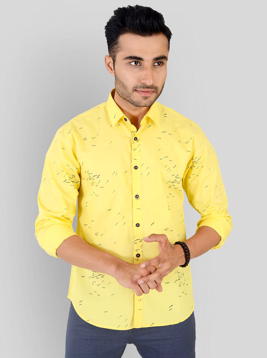 Lime Yellow Printed Slim Fit Casual Shirt | Greenfibre