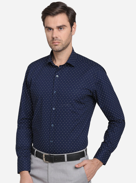 Navy Blue & White Printed Slim Fit Formal Shirt  | Metal