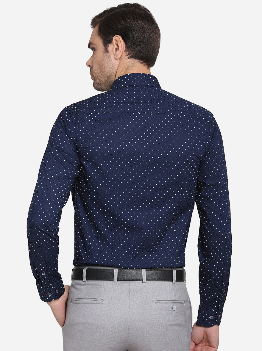 Navy Blue & White Printed Slim Fit Formal Shirt  | Metal