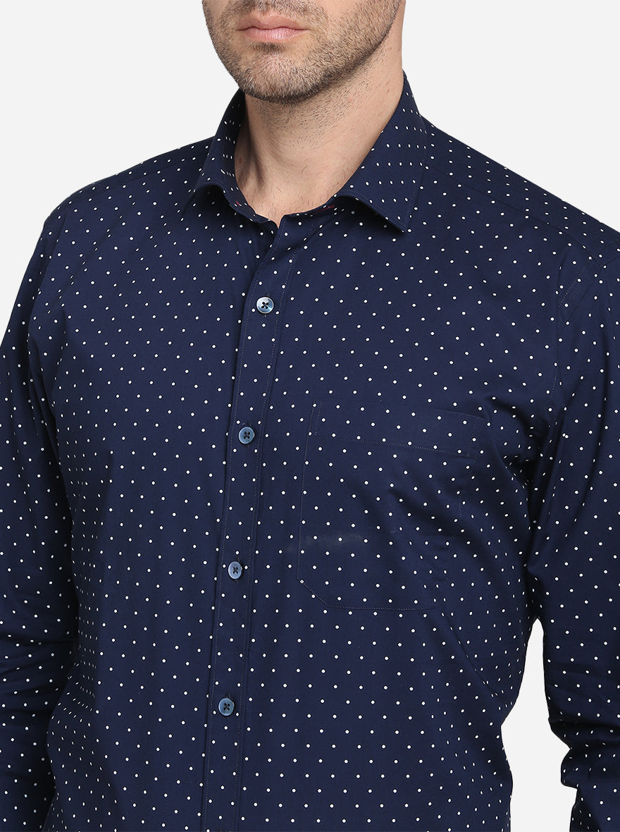 Navy Blue & White Printed Slim Fit Formal Shirt  | Metal