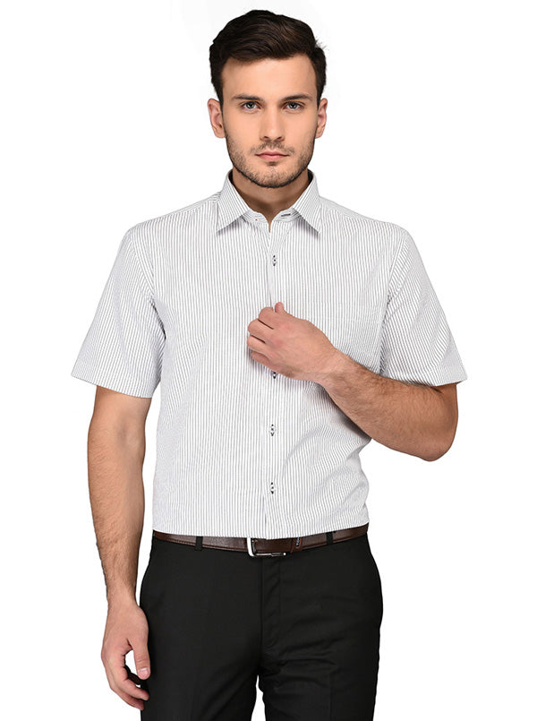 Greenfibre Black & White Striped Regular Fit Formal Shirt