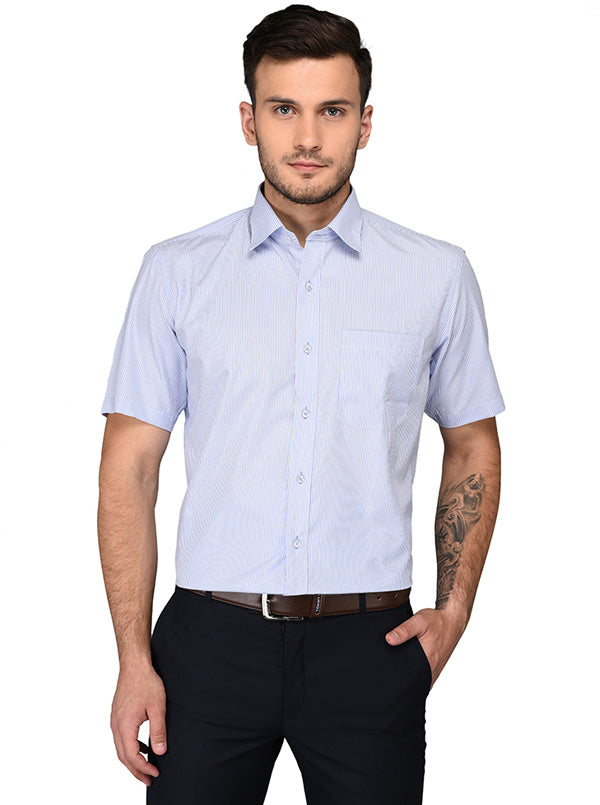 Greenfibre White & Blue Striped Regular Fit Formal Shirt