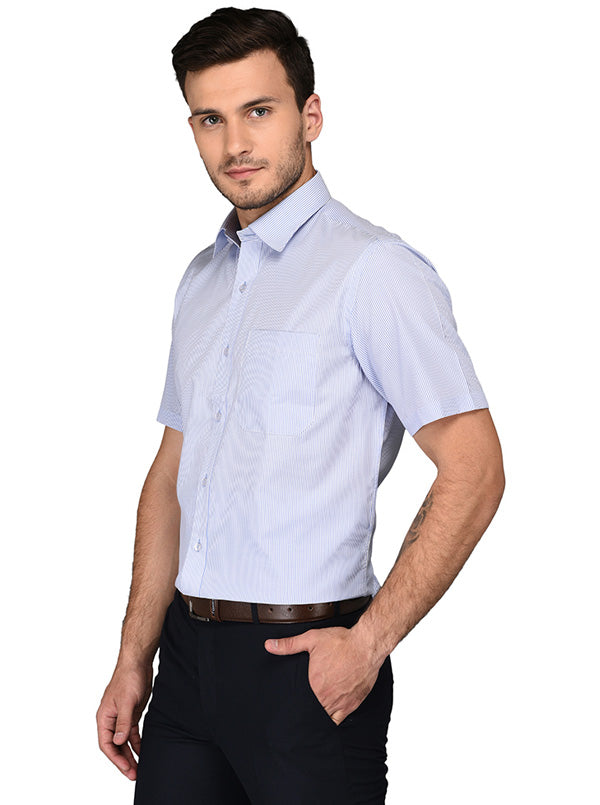 Greenfibre White & Blue Striped Regular Fit Formal Shirt