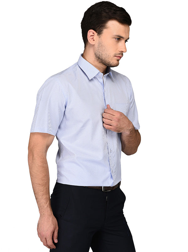 Greenfibre White & Blue Striped Regular Fit Formal Shirt