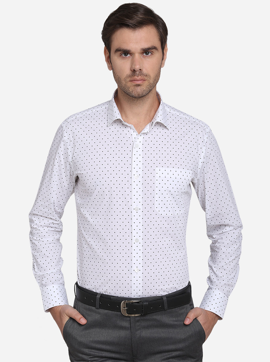 White & Navy Blue Printed Slim Fit Formal Shirt  | Metal