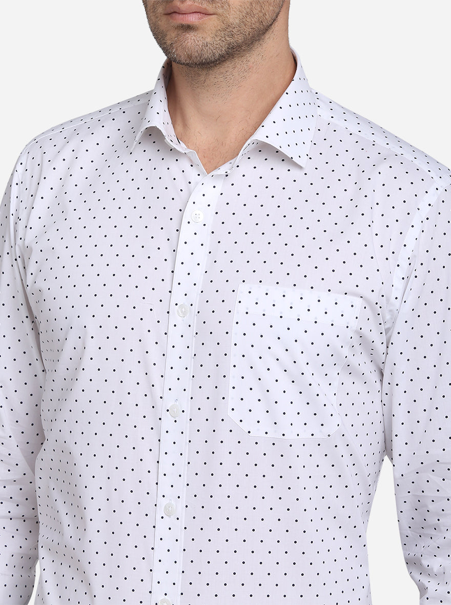 White & Navy Blue Printed Slim Fit Formal Shirt  | Metal