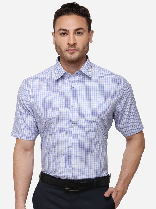 White & Blue Checked Regular Fit Formal Shirt | Greenfibre