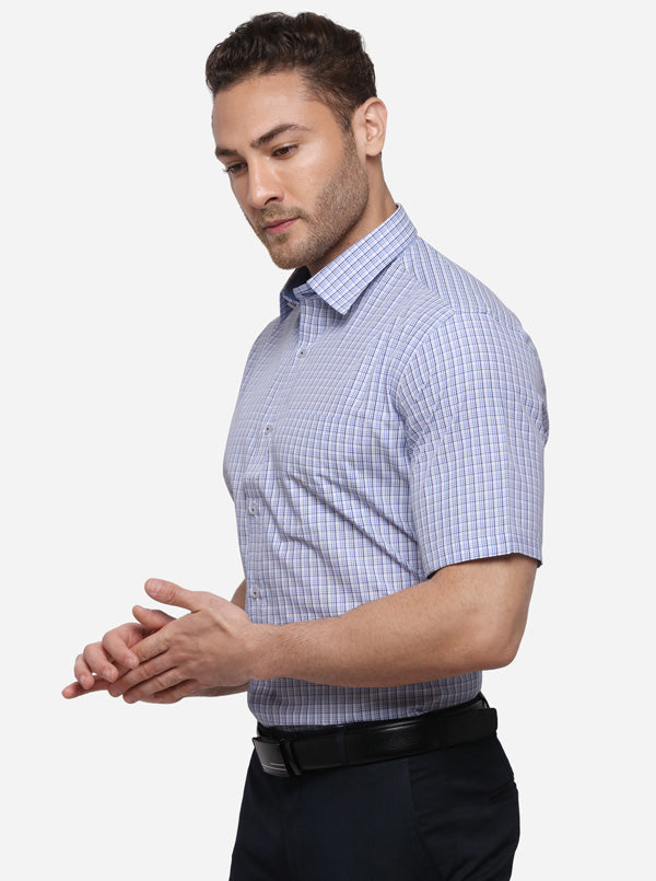 White & Blue Checked Regular Fit Formal Shirt | Greenfibre