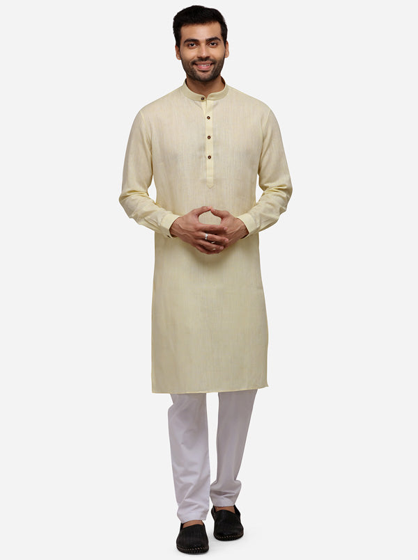 Light Yellow Self Textured Regular Fit Modi Kurta | JadeBlue