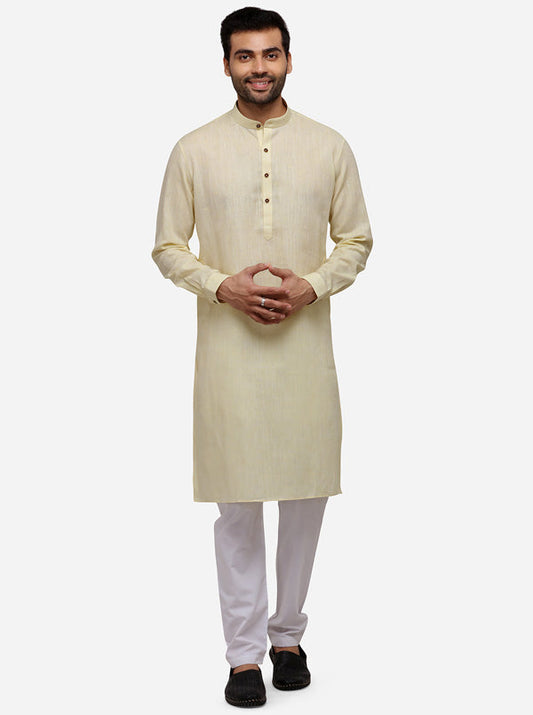 Light Yellow Self Textured Regular Fit Modi Kurta | JadeBlue