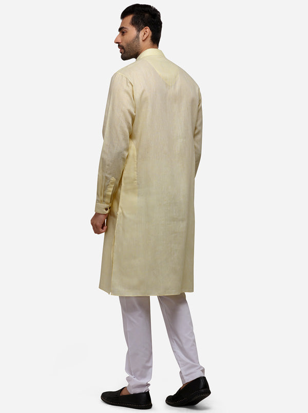 Light Yellow Self Textured Regular Fit Modi Kurta | JadeBlue