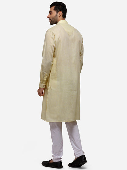 Light Yellow Self Textured Regular Fit Modi Kurta | JadeBlue