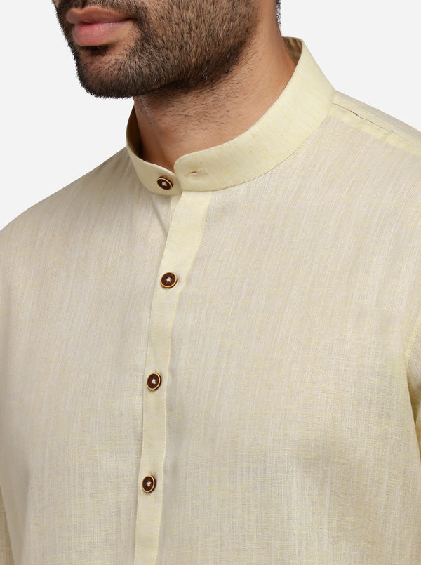Light Yellow Self Textured Regular Fit Modi Kurta | JadeBlue