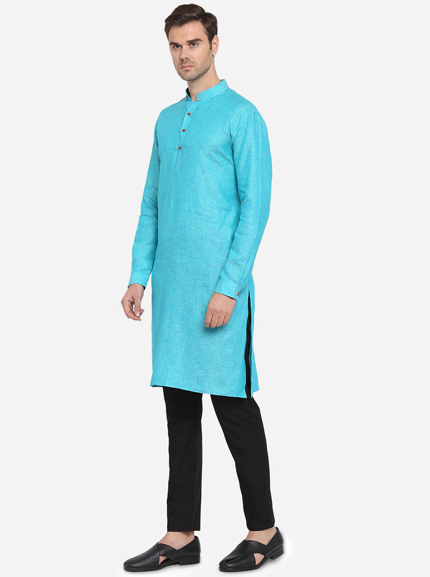 Peacock Blue Self Design Regular Fit Modi Kurta | JadeBlue