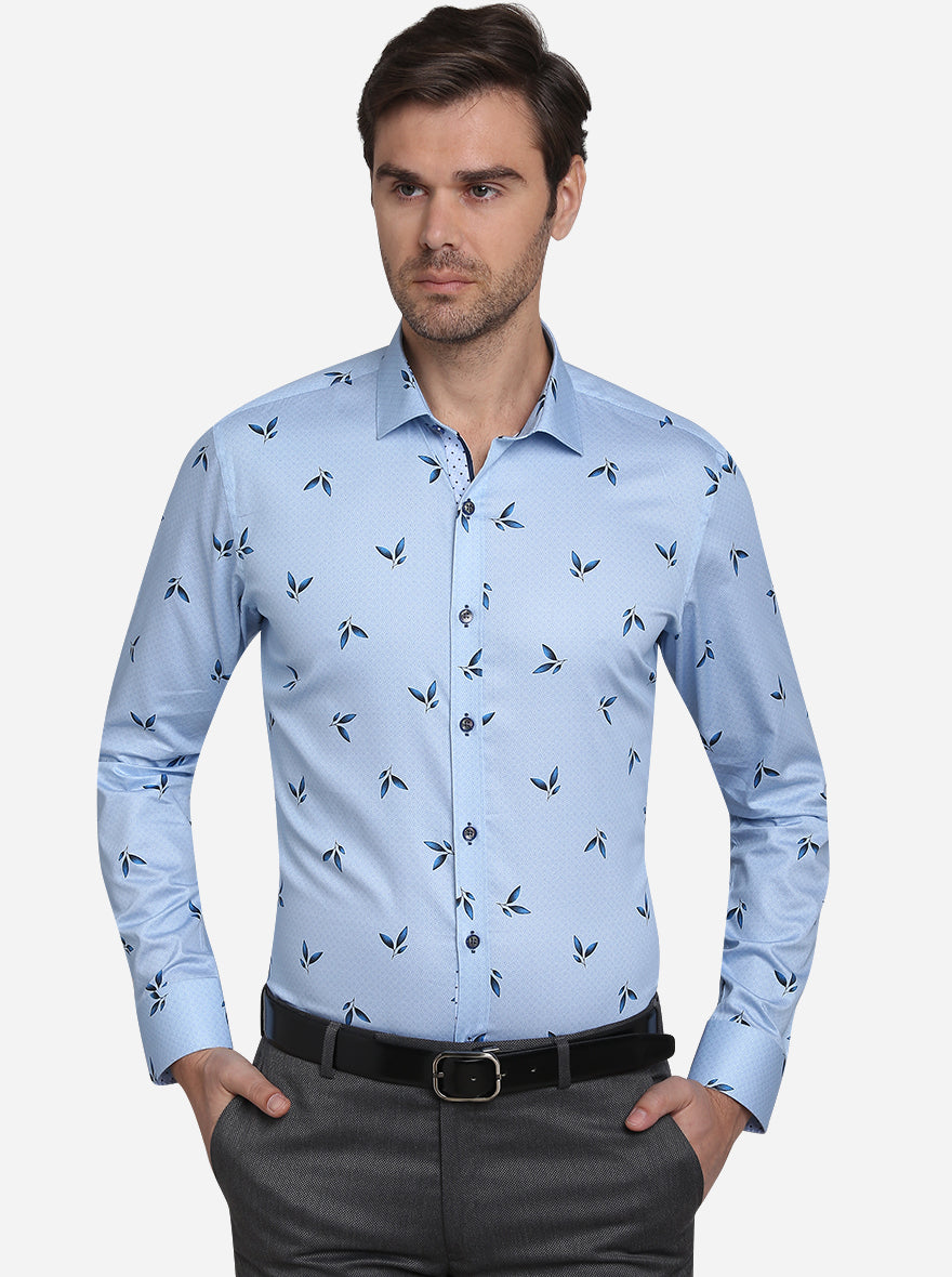 Sky Blue Printed Slim Fit Party Wear Shirt  | JB Studio