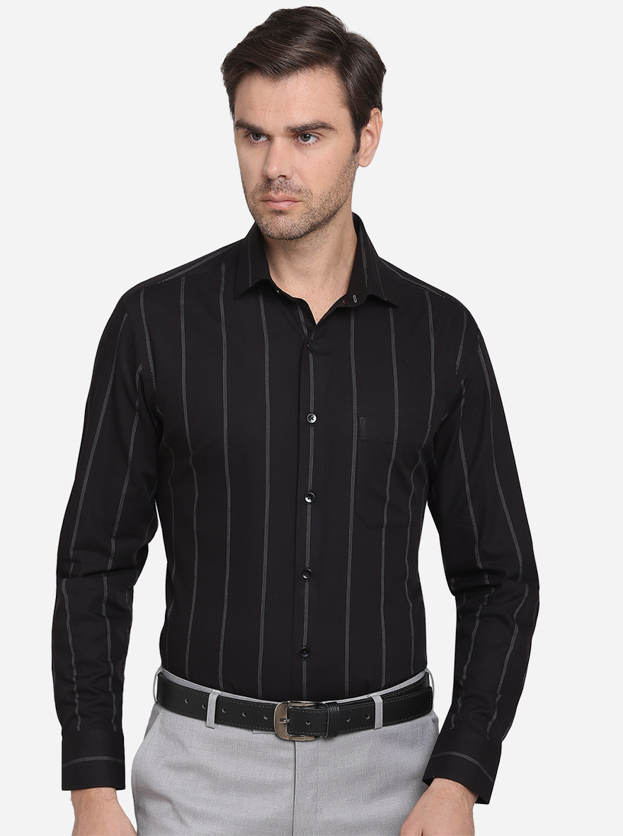 Black & White Striped Slim Fit Formal Shirt  | Metal