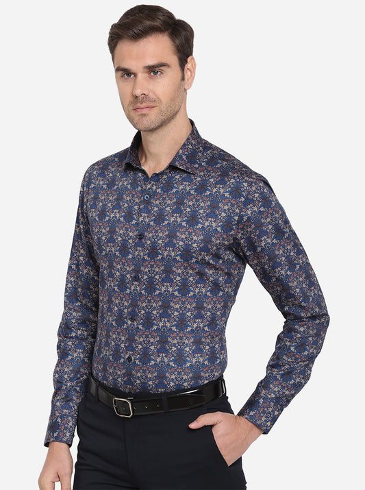 Dark Blue Printed Slim Fit Party Wear Shirt | JB Studio