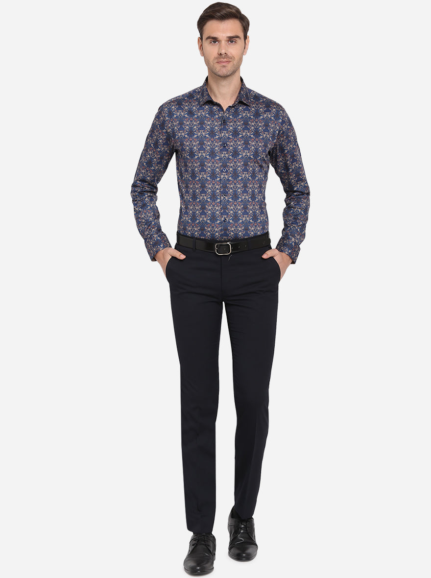 Dark Blue Printed Slim Fit Party Wear Shirt | JB Studio