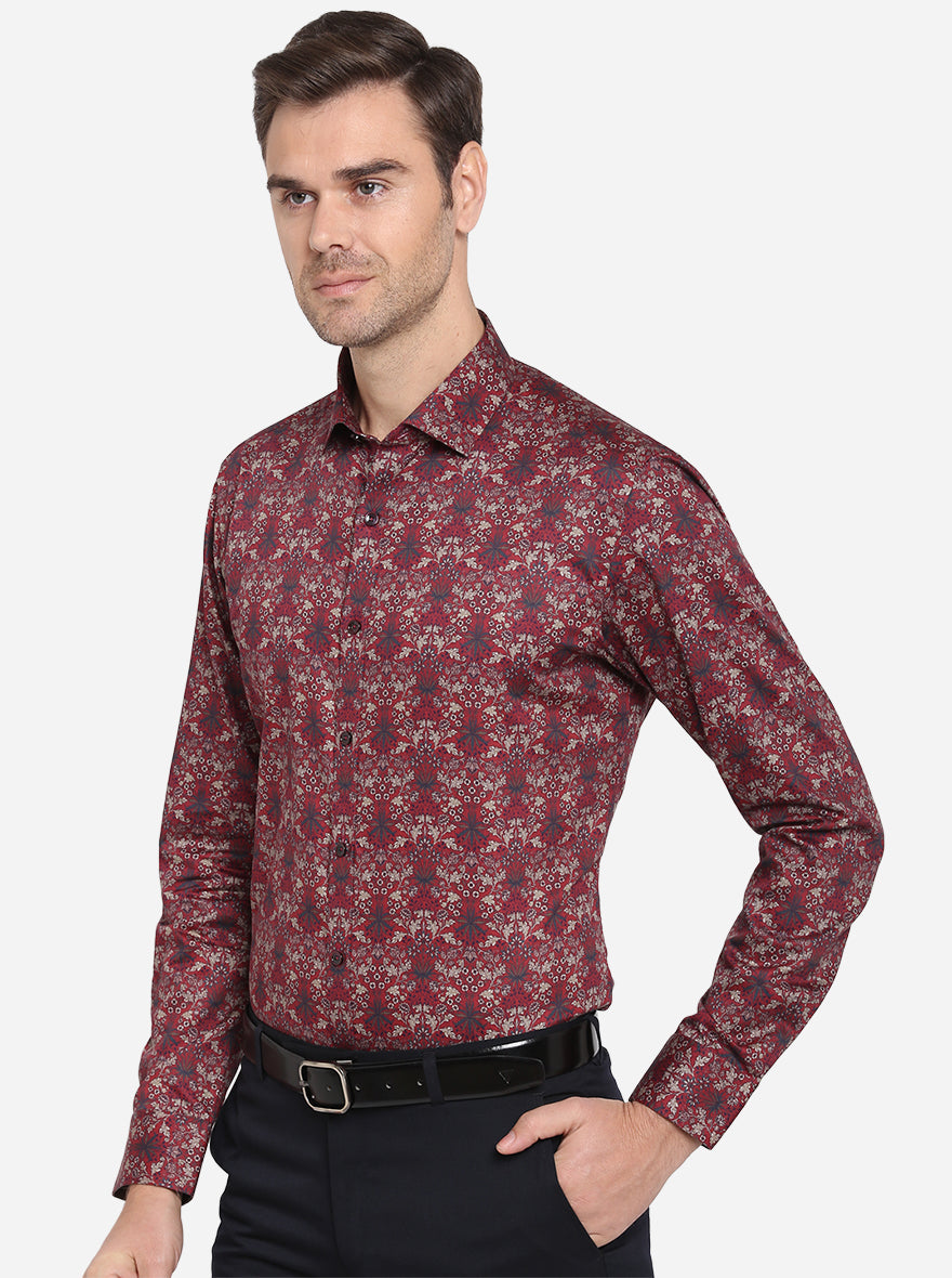 Maroon Printed Slim Fit Party Wear Shirt | JB Studio