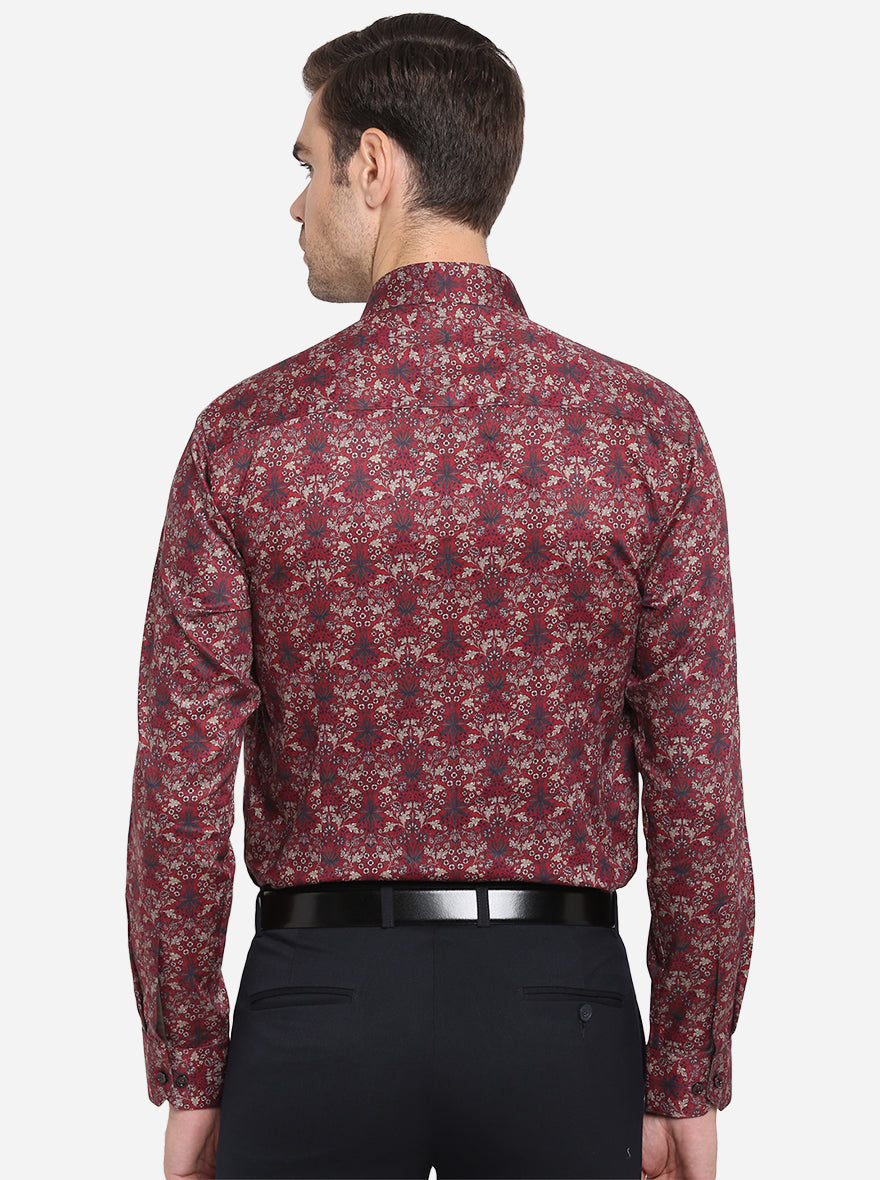 Maroon Printed Slim Fit Party Wear Shirt | JB Studio