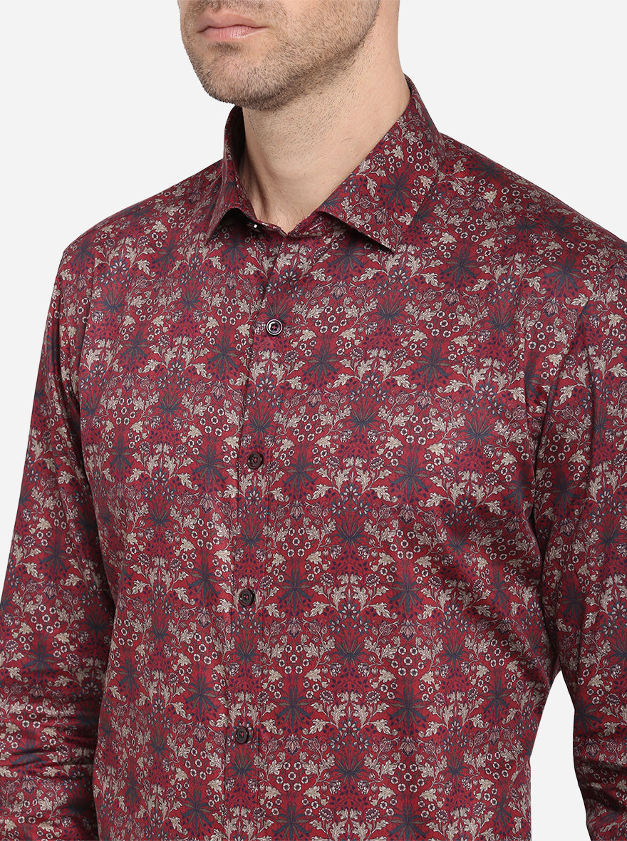 Maroon Printed Slim Fit Party Wear Shirt | JB Studio