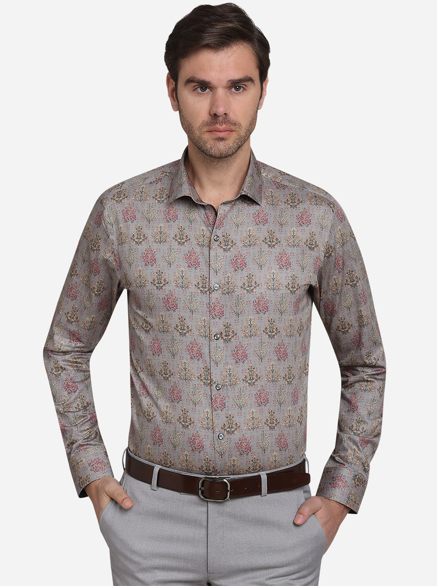 Smoke Grey Printed Slim Fit Party Wear Shirt  | JB Studio