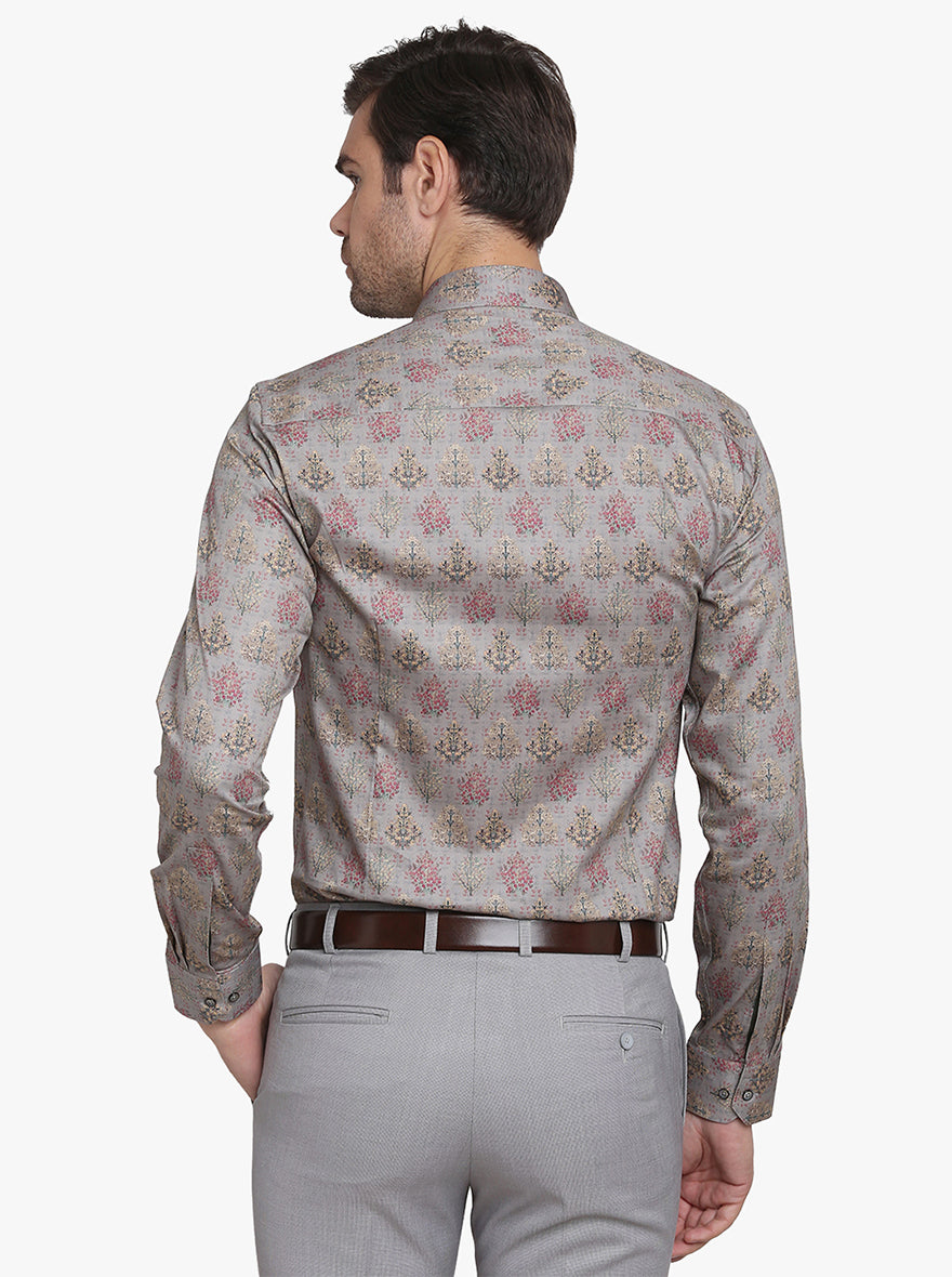 Smoke Grey Printed Slim Fit Party Wear Shirt  | JB Studio