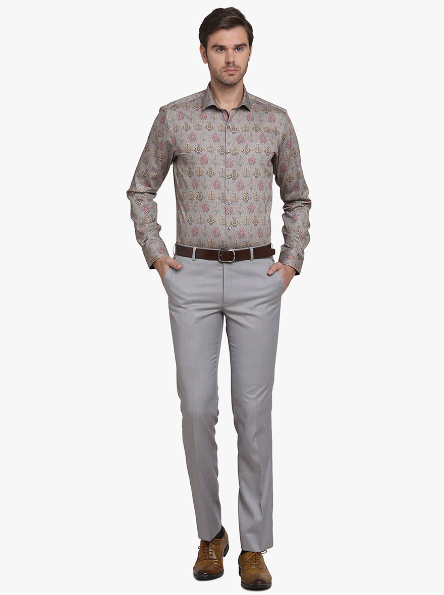 Smoke Grey Printed Slim Fit Party Wear Shirt  | JB Studio