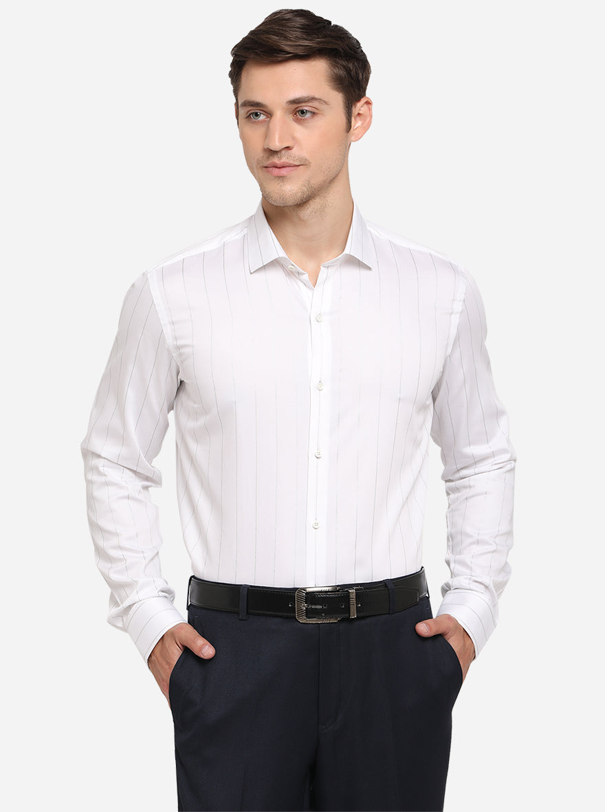 White & Silver Striped Slim Fit Party Wear Shirt | JB Studio