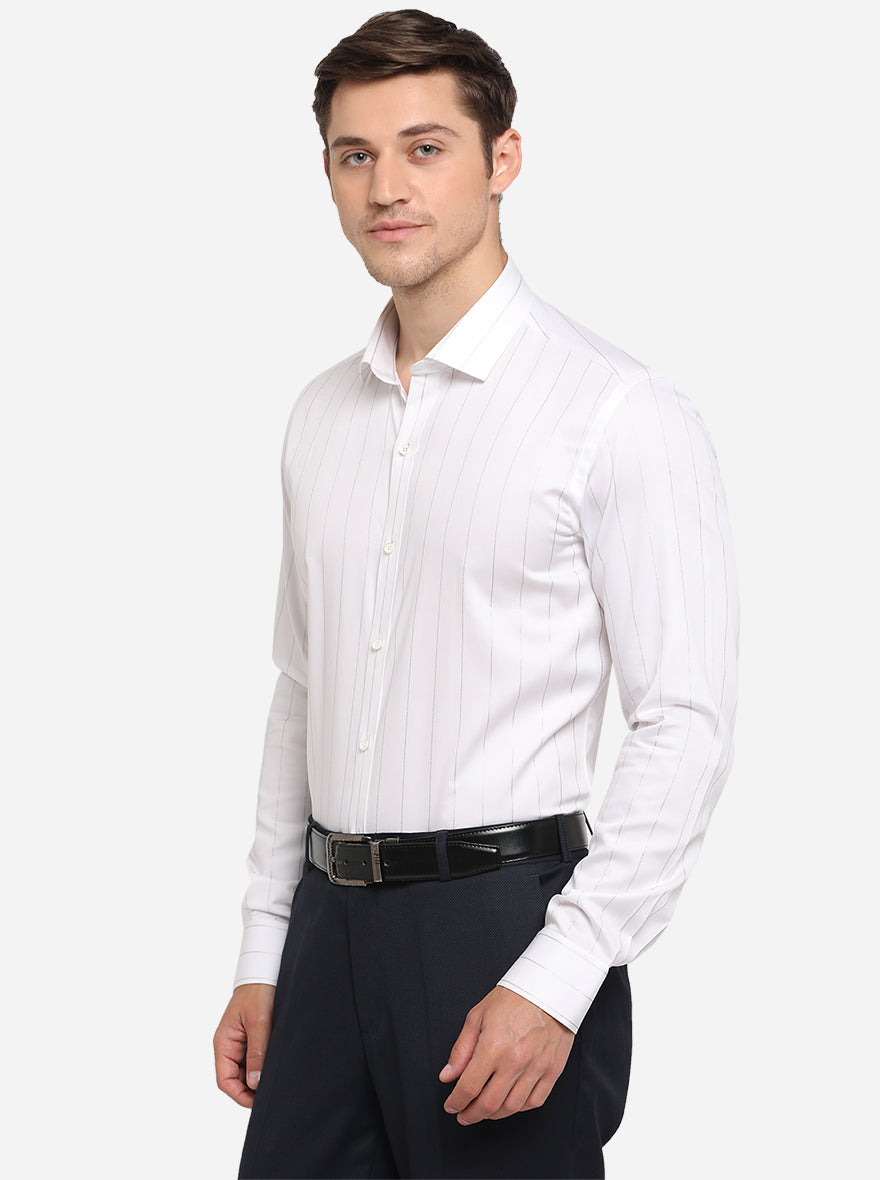 White & Silver Striped Slim Fit Party Wear Shirt | JB Studio