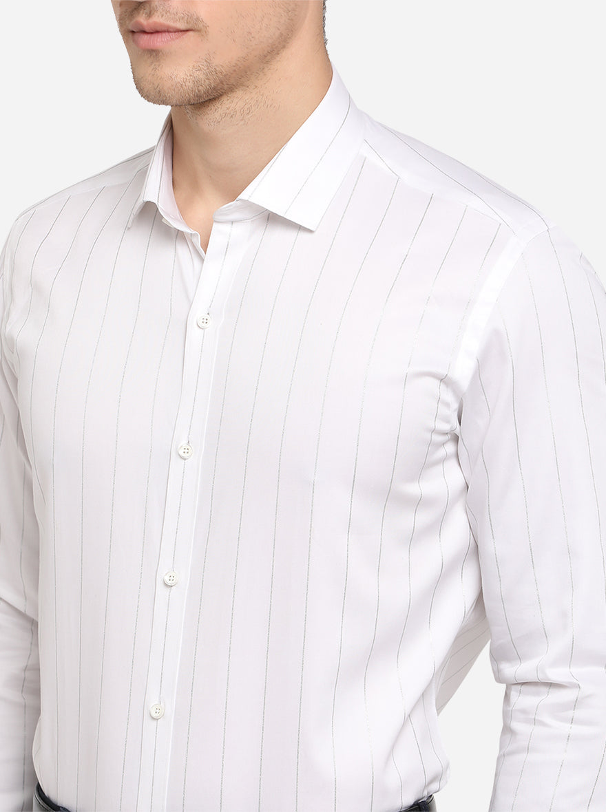 White & Silver Striped Slim Fit Party Wear Shirt | JB Studio