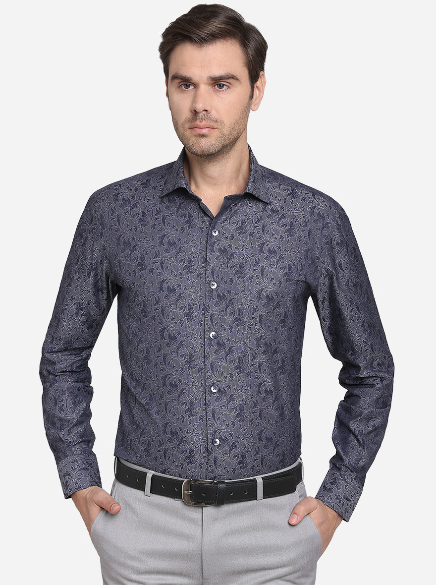 Dark Grey & Blue Printed Slim Fit Formal Shirt  | Metal