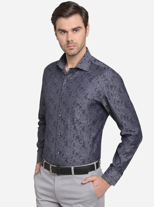 Dark Grey & Blue Printed Slim Fit Formal Shirt  | Metal