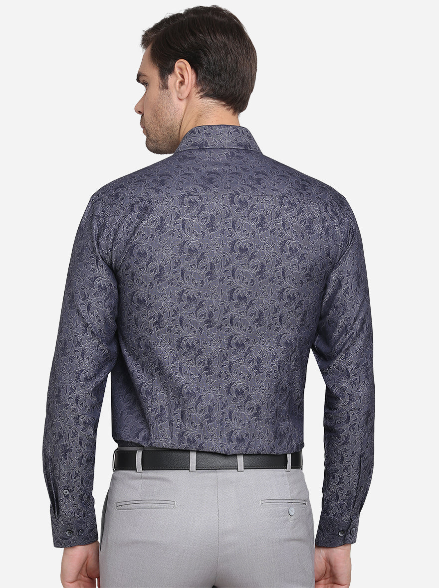 Dark Grey & Blue Printed Slim Fit Formal Shirt  | Metal