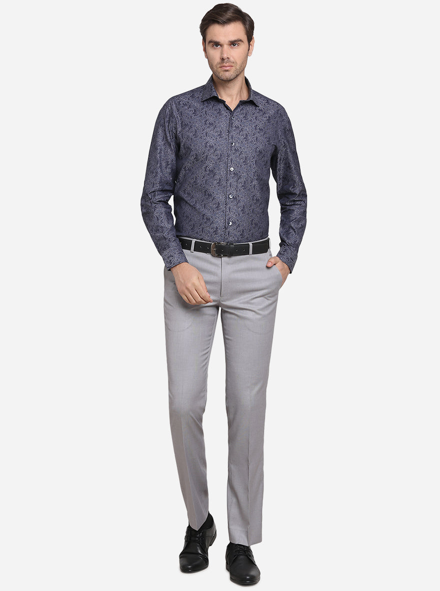 Dark Grey & Blue Printed Slim Fit Formal Shirt  | Metal