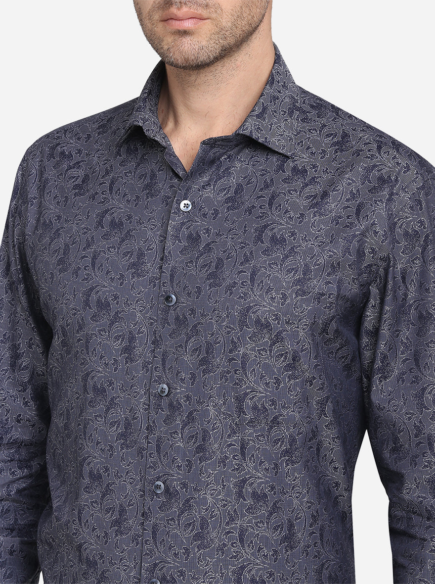 Dark Grey & Blue Printed Slim Fit Formal Shirt  | Metal